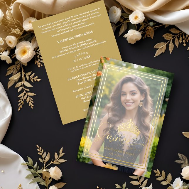 Invitation En Aluminium Princess Tiara Exquisite Overlay Vellum Effect XV (Princess Tiara Exquisite Overlay Vellum Effect Quinceañera Sophisticated Photo Gold Metallic Card.)