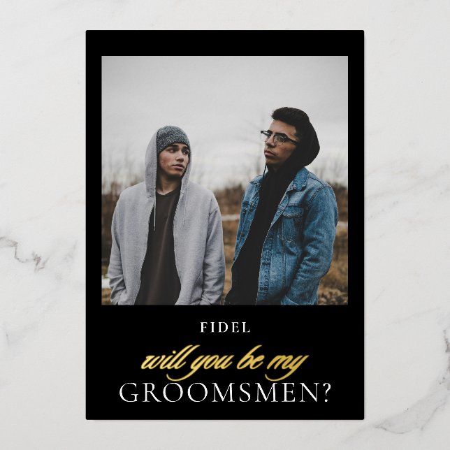 Invitation En Aluminium Projet moderne Black Gold Script Photo Groomsmsmen (Recto)