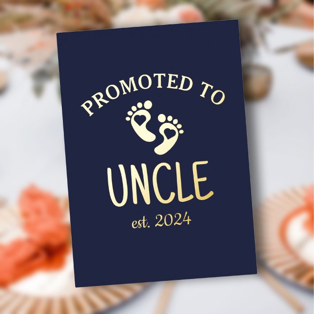 Invitation En Aluminium Promu à Oncle / Coeur Chic Marine Blue Gold (Promoted to Uncle / Chic Heart Navy Blue Gold Foil Invitation)
