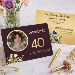 Invitation En Aluminium Prune Noir Photo Personnalisé 40e Anniversaire Or