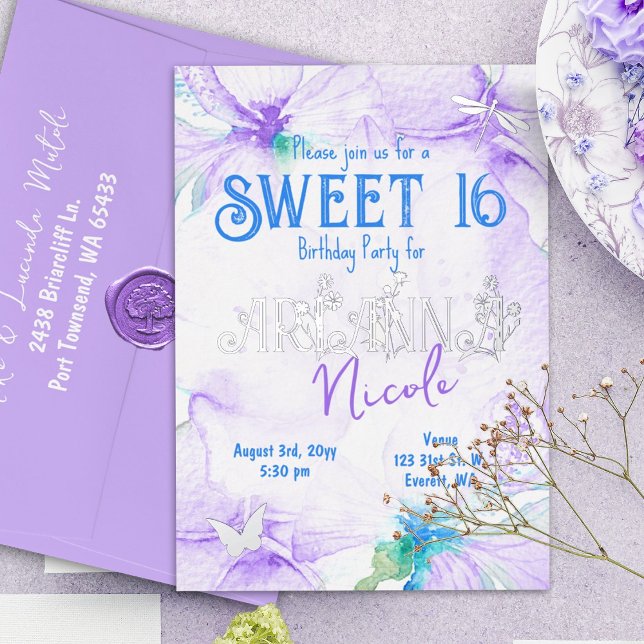 Invitation En Aluminium Purple Aquarelle Orchidées Douce 16 (Purple and blue sweet sixteen 16 birthday party invitation, silver foil letters, botanical design)