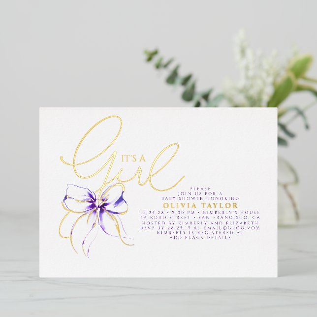 Invitation En Aluminium Purple Bow Elegant Modern Girl Baby Shower (Debout devant)