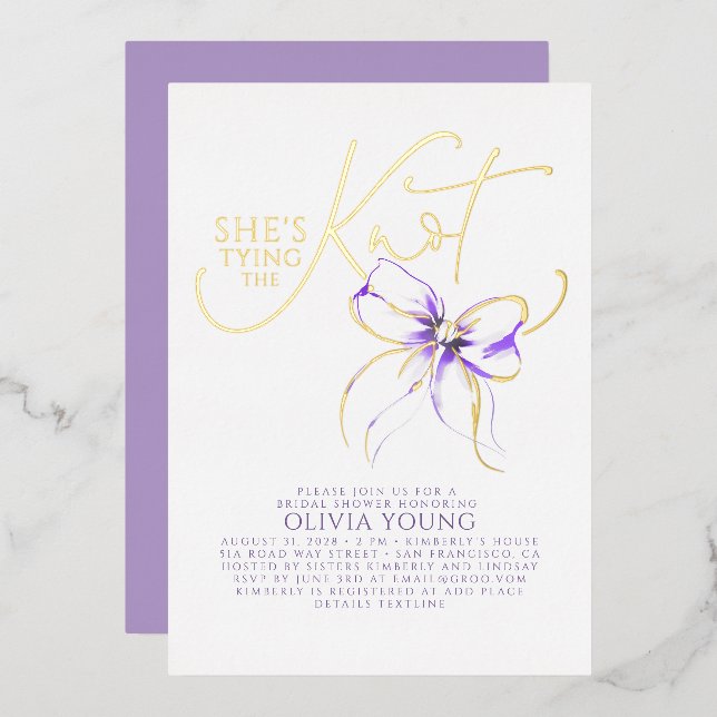 Invitation En Aluminium Purple Bow She's Tying The Knot Bridal Shower (Recto/Verso)