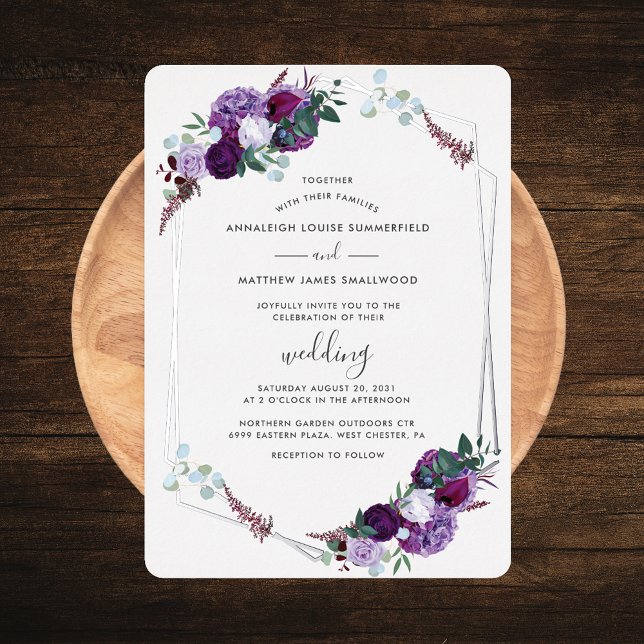 Invitation En Aluminium Purple Floral Élégant Rose or Mariage argent (Purple Floral Watercolor Script Geometric Wedding Silver Foil Invitation)