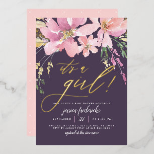 Invitation En Aluminium Purple foncé et or C'est une fille Baby shower flo