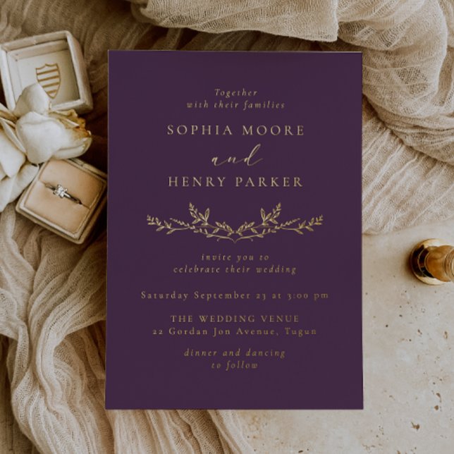 Invitation En Aluminium Purple & Gold Leaf Wedding (Créateur téléchargé)