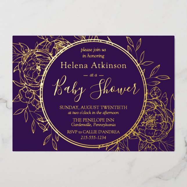 Invitation En Aluminium Purple & Gold Moderne Peony Toile Baby shower (Recto)