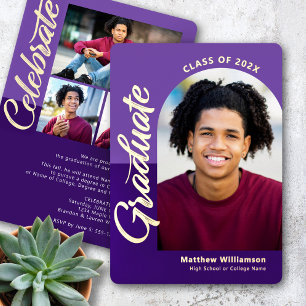 Invitation En Aluminium Purple Graduation 4 Photo Arch Party Real Gold