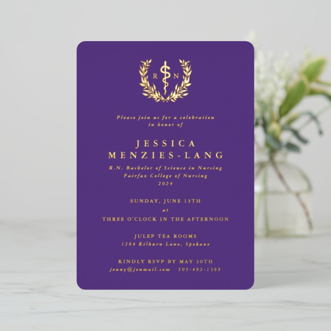 Invitation En Aluminium Purple Infirmière inscrite Asclepius+Laurel Wreath (Debout devant)