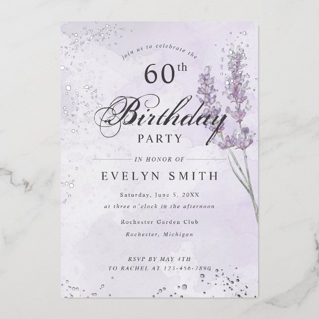 Invitation En Aluminium Purple lavande 60e anniversaire fête argent (Recto)