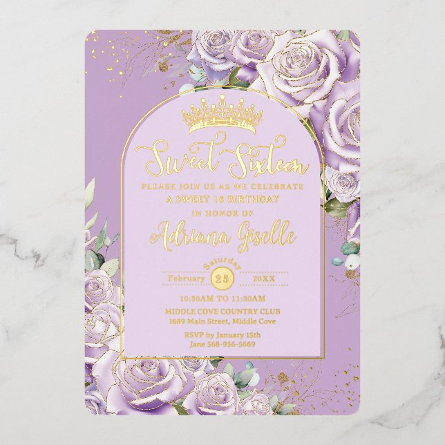 Invitation En Aluminium Purple Lilac Rose Floral Gold Sweet 16 Anniversair (Recto)