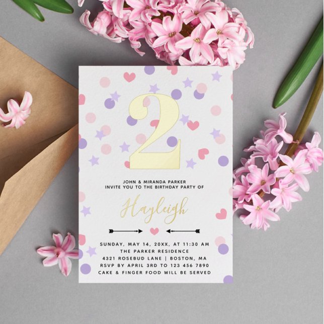 Invitation En Aluminium Purple Pink Heart Confetti Toddler Enfant Annivers (Créateur téléchargé)