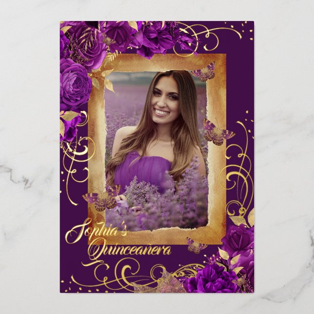 Invitation En Aluminium Purple Quinceanera Photo Rose Papillon Or (Recto)
