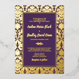 Invitation En Aluminium Purple Real Gold Foil Mariage damassé