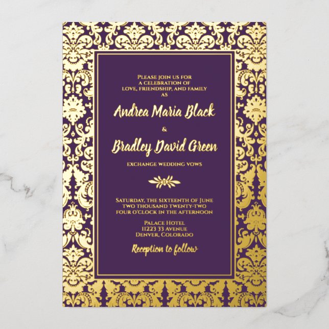 Invitation En Aluminium Purple Real Gold Foil Mariage damassé (Recto)