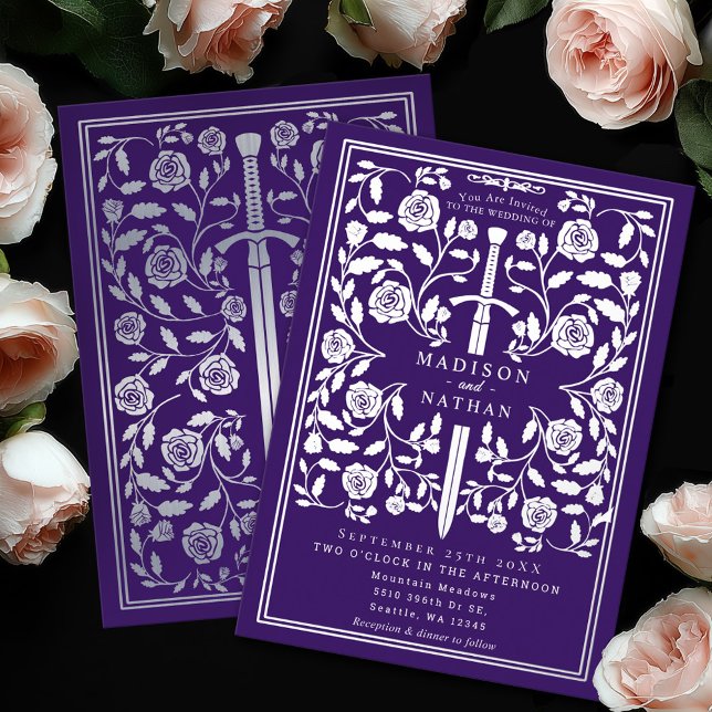 Invitation En Aluminium Purple Royal Medieval Silver Sword Wedding (Créateur téléchargé)