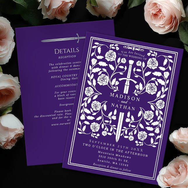 Invitation En Aluminium Purple Royal Medieval Silver Sword Wedding Details (Créateur téléchargé)