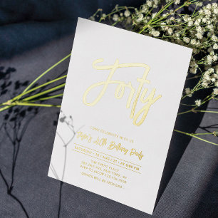 Invitation En Aluminium Quarante   Écriture Feuille Chic 40e Anniversaire
