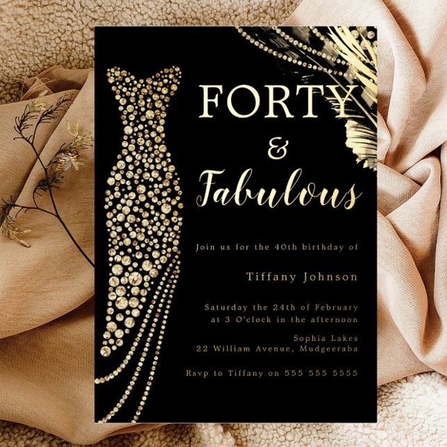 Invitation En Aluminium Quarante & Fabuleux Élégante Robe Dorée 40e Annive (Créateur téléchargé)
