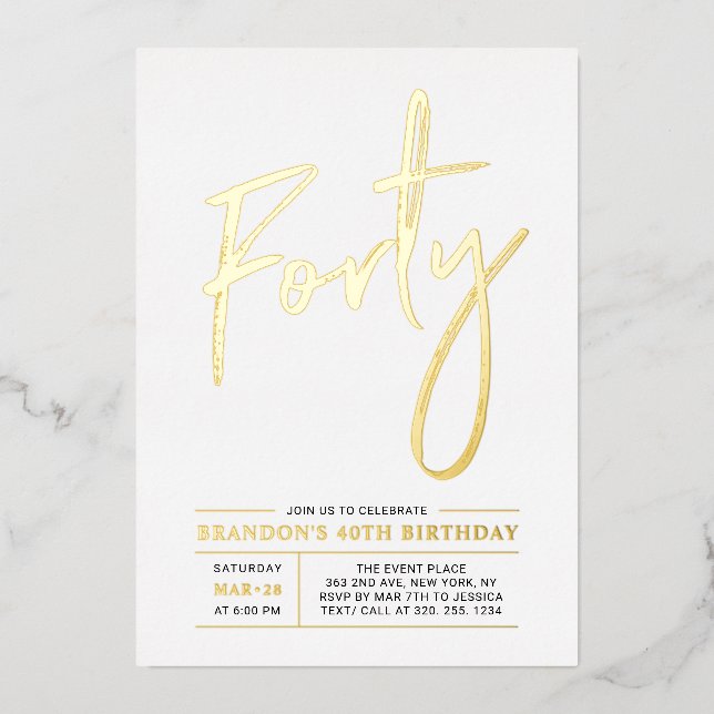Invitation En Aluminium Quarante | Fête d'anniversaire 40 ans Moderne Or (Recto)