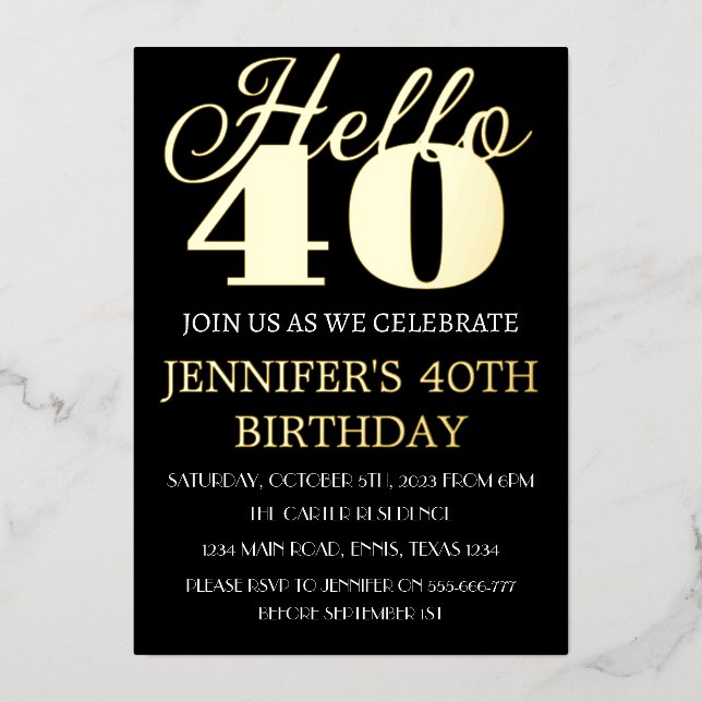 Invitation En Aluminium Quarantième Anniversaire Moderne Noir Or Feuille Q (Recto)