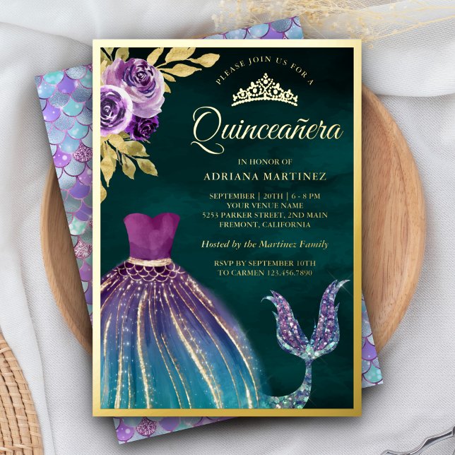 Invitation En Aluminium Queue de sirène sarcelle violette foncé Quinceaner (Créateur téléchargé)