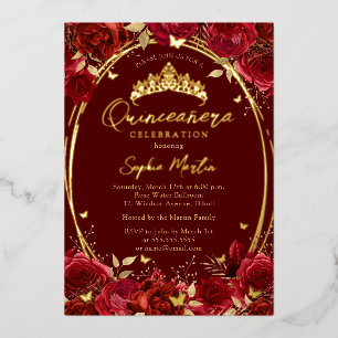 Invitation En Aluminium Quinceanera à papillon floral captivant l'or rouge