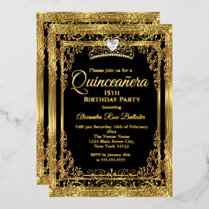 Invitation En Aluminium Quinceanera Anniversaire Gold Black Photo