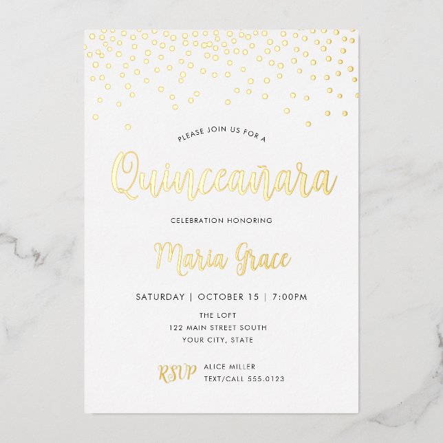Invitation En Aluminium Quinceanera Anniversaire Gold REAL FOIL Confetti (Recto)