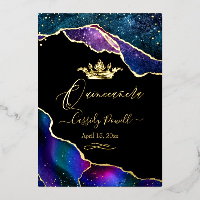Invitation En Aluminium Quinceanera, Aquarelle Galaxie Agate 3 couleurs (Recto)