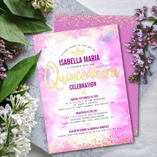 Invitation En Aluminium Quinceañera Aquarelle rose Couronne Girls Real Gol