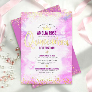 Invitation En Aluminium Quinceañera Aquarelle rose Fille Couronne or réel