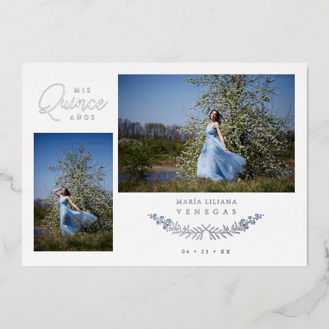 Invitation En Aluminium Quinceañera Blue Trendy Branches Spanish 2 Photos  (Recto)