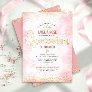 Invitation En Aluminium Quinceañera Blush Pink Aquarelle Couronne Véritabl