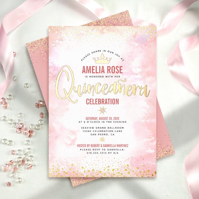 Invitation En Aluminium Quinceañera Blush Pink Aquarelle Couronne Véritabl (Créateur téléchargé)