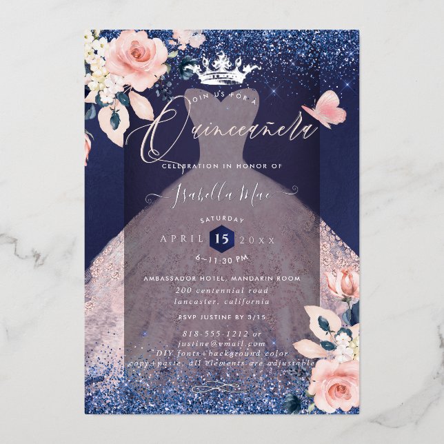 Invitation En Aluminium Quinceanera Blush Roses Silver Foil Crown Navy (Recto)