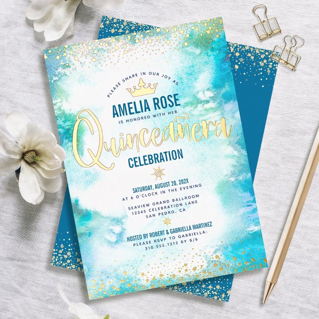 Invitation En Aluminium Quinceañera Couronne Turquoise Aquarelle Véritable (Créateur téléchargé)