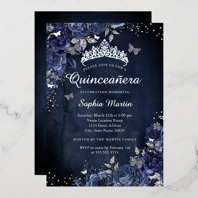 Invitation En Aluminium Quinceanera de la marine florale papillon (Recto/Verso)