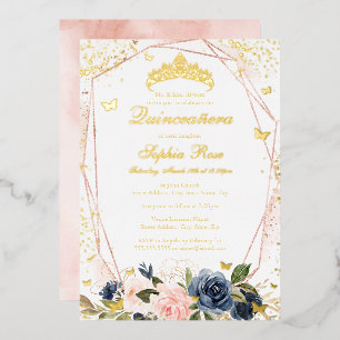 Invitation En Aluminium Quinceanera de la marine rose florale de papillon 