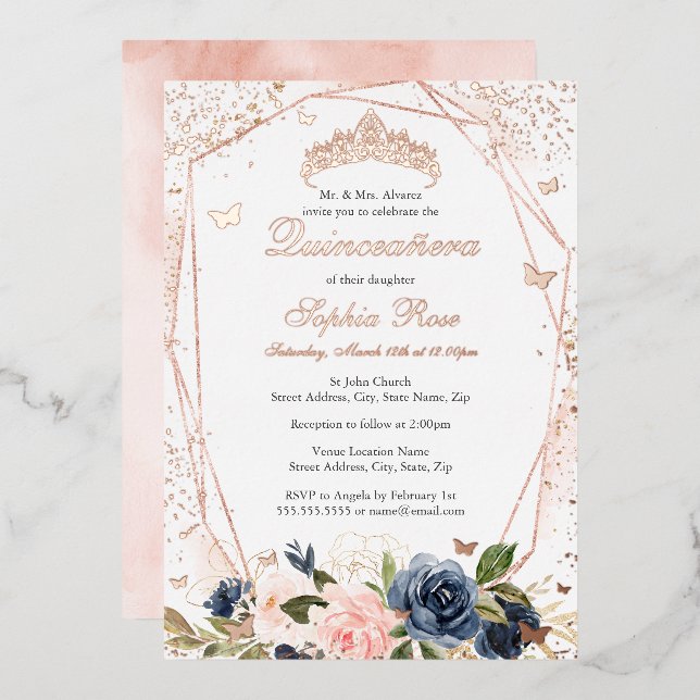 Invitation En Aluminium Quinceanera de la marine rose florale papillon (Recto/Verso)