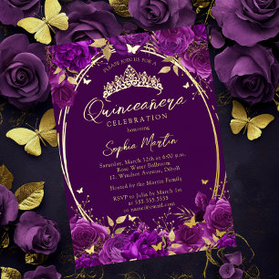 Invitation En Aluminium Quinceanera de papillon floral captivant le pourpr