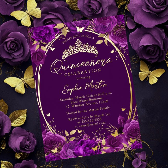 Invitation En Aluminium Quinceanera de papillon floral captivant le pourpr (Créateur téléchargé)