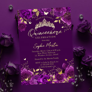 Invitation En Aluminium Quinceanera de papillon floral violet