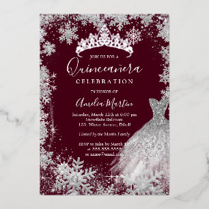Invitation En Aluminium Quinceañera d'hiver flocon de Bourgogne