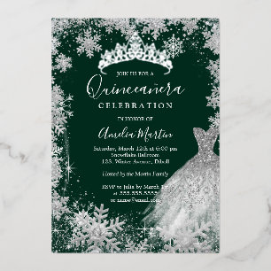 Invitation En Aluminium Quinceañera d'hiver flocon de neige vert émeraude 