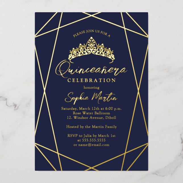 Invitation En Aluminium Quinceanera d'or de la marine géométrique moderne (Recto)