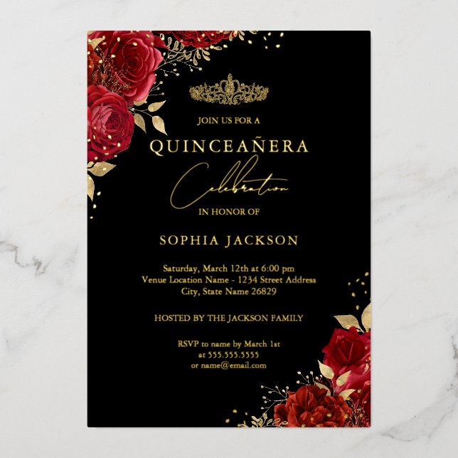 Invitation En Aluminium Quinceanera d'or Floral Tiara rouge (Recto)