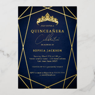 Invitation En Aluminium Quinceanera élégante géométrique or marine