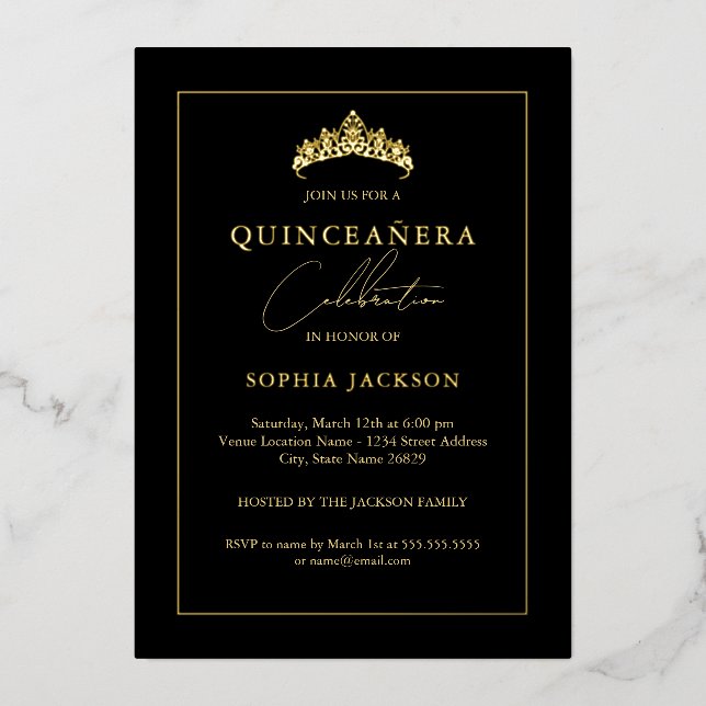 Invitation En Aluminium Quinceanera Elégante Or Noir 15e (Recto)