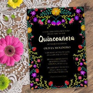 Invitation En Aluminium Quinceanera Fiesta Mexicaine Floral Véritable Or